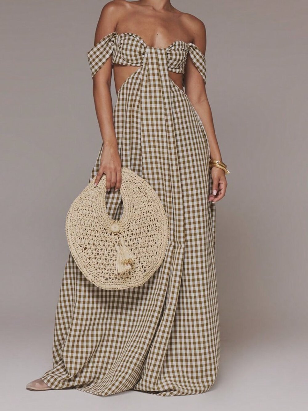 Brown Sexy Women's Gingham Cut-Out Jumpsuit - Picture 3 of 6
